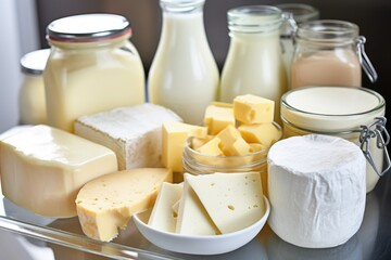variety of cultured dairy products on a refrigerator shelf
