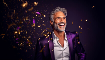 happy smiling portrait of a handsome man on purple background, celebration with golden confetti