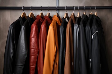 a selection of leather jackets hanging on a sleek rack