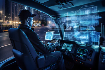 man confidently at the wheel of a lorry. Monitor performance, driver behavior, and maintenance needs, making transportation smarter and more efficient concept
