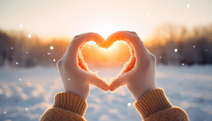hands in the form of heart on snowy sunset background, love winter time