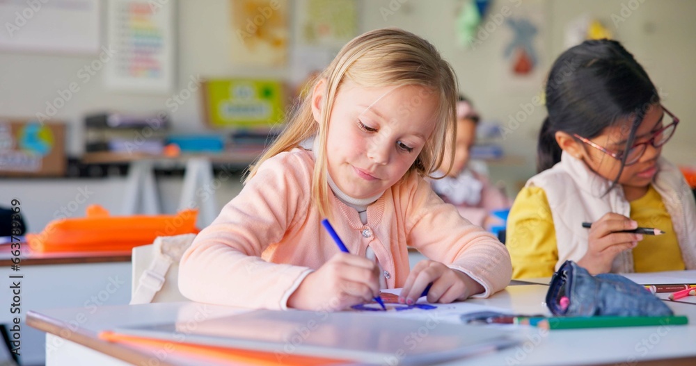 Poster knowledge, girl and students in a classroom, writing and productivity with creativity, development a