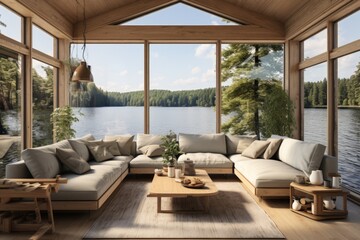 The home interior design of modern living room near the lake - obrazy, fototapety, plakaty