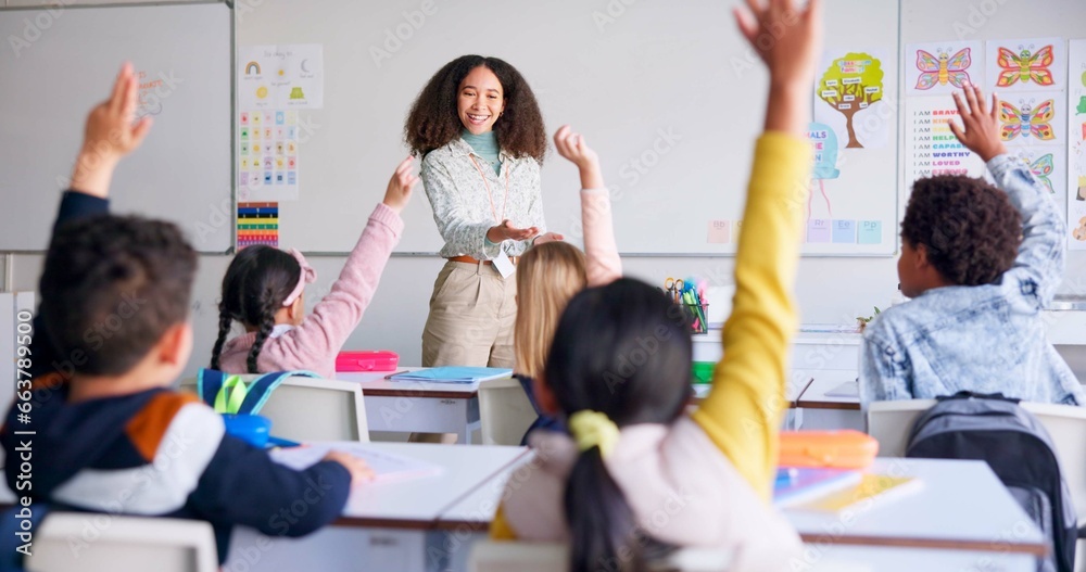 Poster school, answer and teacher with students in classroom for learning, discussion and knowledge. help, 