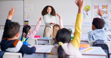 School, answer and teacher with students in classroom for learning, discussion and knowledge. Help,...