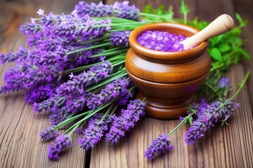 lavender flowers arranged in a wooden mortar with pestle - obrazy, fototapety, plakaty