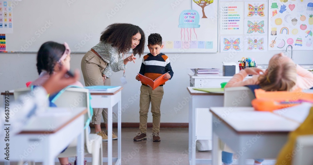Poster teacher, child and reading a book in class for learning, development and communication. a boy kid or