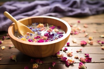 Obraz na płótnie Canvas a bowl of floral petal bath with essential oils and a wooden ladle
