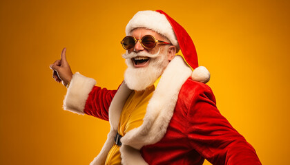 portrait of a cool happy smiling santa claus wearing gold clothes on yellow background with copy space
