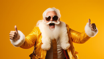 portrait of a cool happy smiling old man wearing gold clothes and sunglasses on yellow background with copy space, thumbs up