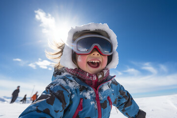 portrait of young snowboarder, happy child in winter