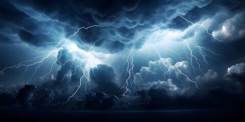 A lightning storm is seen in the sky above a dark cloud filled with lightning and lightning strikes in the sky above the clouds are a bright blue lightening
generative AI