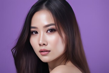Naklejka premium portrait of asian woman on purple background