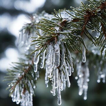 Close up of fir tree branches covered with melting snow and icicles in morning winter forest. Real spring, winter background.