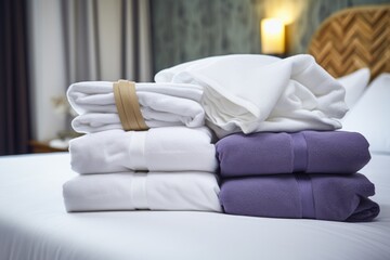 neatly folded hotel bathrobes on a king-sized bed - obrazy, fototapety, plakaty