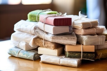 pile of organic soaps wrapped in recycled paper