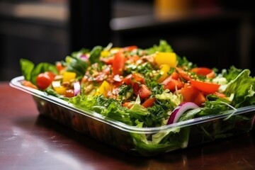 fresh salad served in a plastic container on a tray