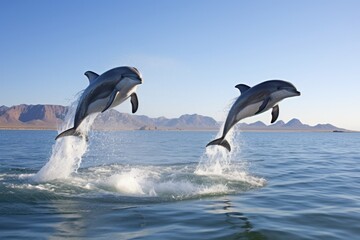 two dolphins jumping out of the water together