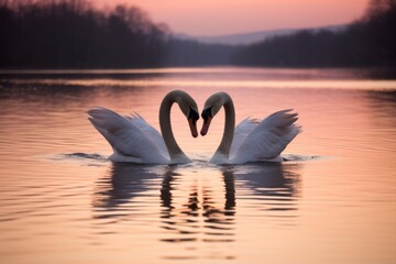 Fototapeta premium two swans in a lake, their necks forming a heart shape