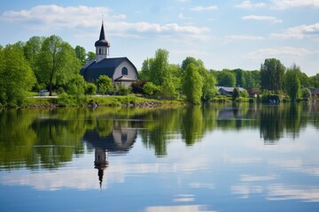 image of a christian church and jewish synagogue reflected in a serene lake