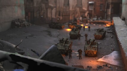 Fototapeta na wymiar squad on a special operation, soldiers and tanks on the streets of the city, 3d render
