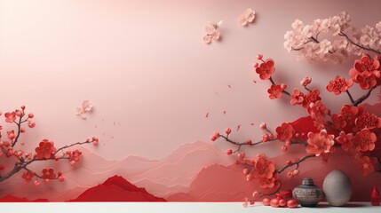 Obraz na płótnie Canvas Chinese New Year layout with red sakura flowers. Pink background, flat lay