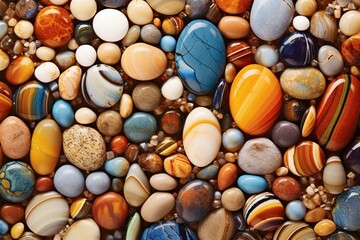 Stunning arrangement of various marbles and stones forming a charming patchwork design. Vintage background. Generative AI - obrazy, fototapety, plakaty