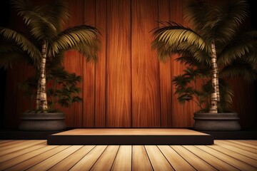 Fototapeta premium Podium on wooden floor and leafy background. Vintage wood paneling. Rustic interior design. Stage of nature with green leaves