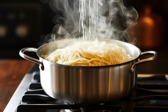a pot filled with boiling water and fettuccine pasta