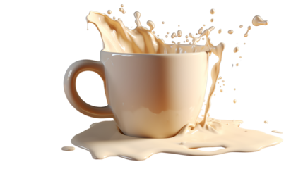 splash of hot milk ceramic cup on transparent background. generative ai. png format