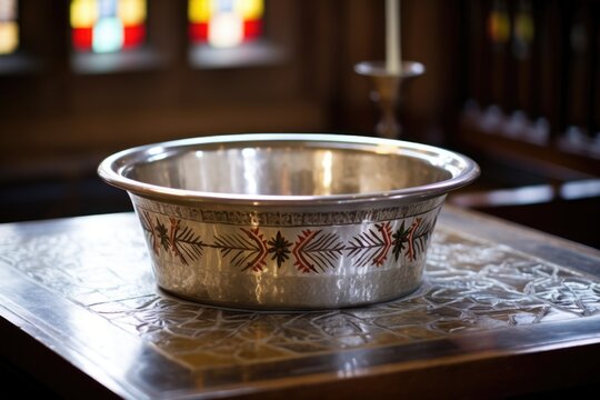 a christian baptismal font with holy water