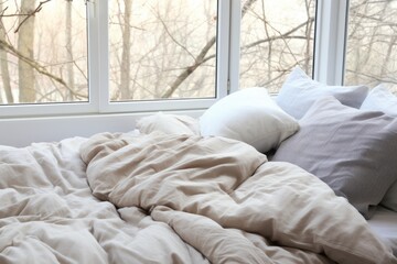 unmade bed with two sets of pillows