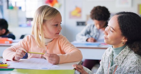 Teacher, girl and help with writing, classroom and book for education, motivation and mentor for...