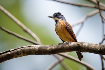 a single bird perched on a branch, with an empty spot beside it
