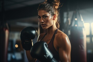 Portrait of African American woman exercising and punching a punching bag at the gym.