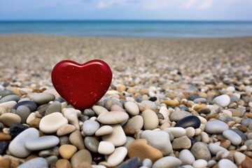Fototapeta premium heart-shaped pebble surrounded by smaller pebbles on a beach