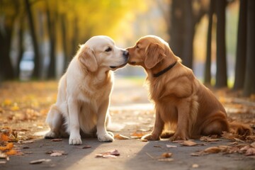 dogs sniffing each other in greeting - obrazy, fototapety, plakaty