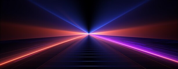 3d rendering in neon light, bunched lines on horizon, display as space with objects, abstract background, colors in blue, red, pink and purple
