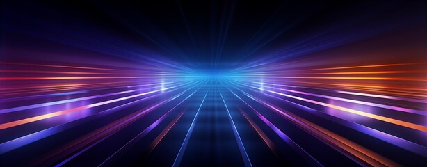 Obraz premium 3d rendering in neon light, bunched lines on horizon, display as space with objects, abstract background, colors in blue, red, pink and purple