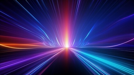 Obraz premium 3d rendering in neon light, bunched lines on horizon, display as space with objects, abstract background, colors in blue, red, pink and purple