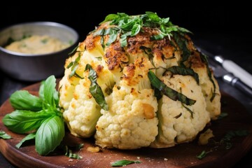 whole roasted cauliflower stuffed with herbs and cheese - obrazy, fototapety, plakaty