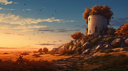 Poster Medieval guard tower landscape © Aina