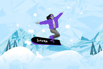 Image artwork collage of carefree cheerful girl having fun snowboarding snowy hill isolated on blue...