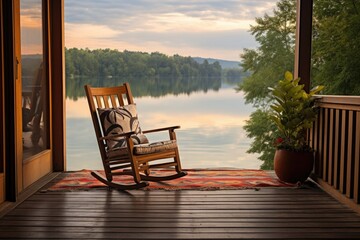 Fototapeta premium an empty rocking chair on a wooden deck patio overlooking a peaceful lake