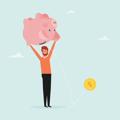 The guy shakes the piggy bank to wipe out the money. The concept of withdrawing money from a deposit, or taking a loan to open your own business. Vector illustration.
