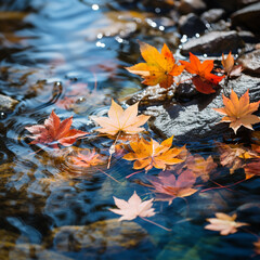 Multicolored autumn leaves in the water of the lake in the pond. AI generative