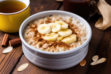 a steaming bowl of oatmeal with sliced banana atop