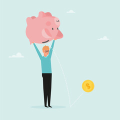 The guy shakes the piggy bank to wipe out the money. The concept of withdrawing money from a deposit, or taking a loan to open your own business. Vector illustration.
