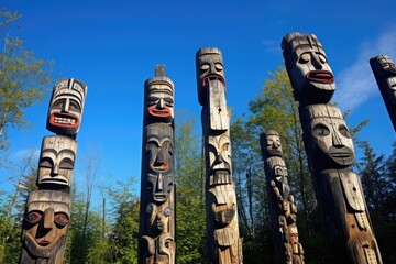 a forest of totem poles against a blue sky