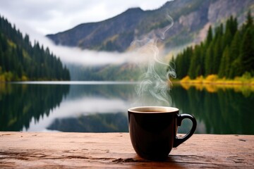 steaming mug of coffee by a mountain lake